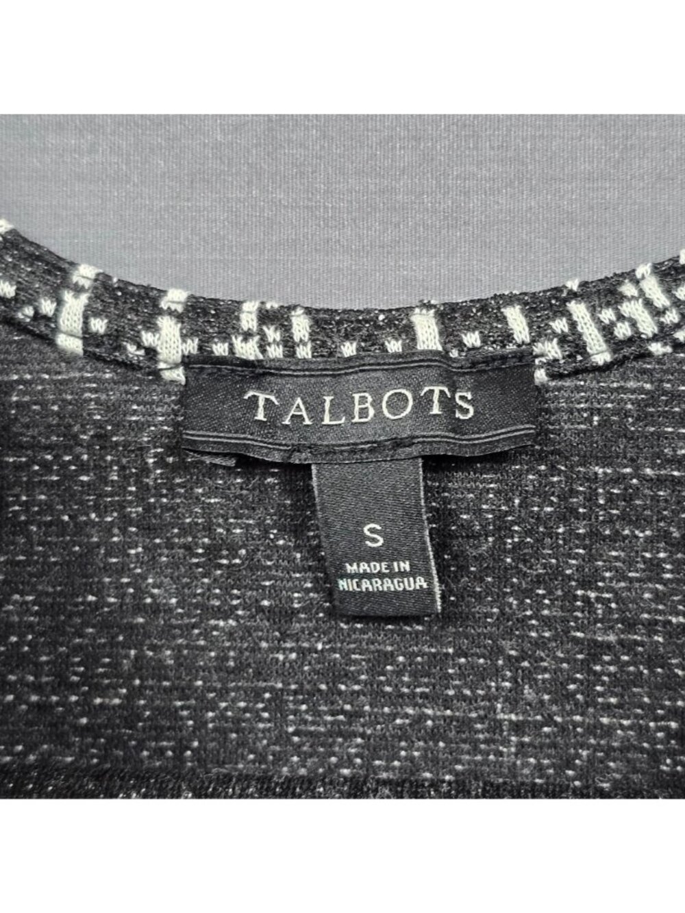 Talbots Small Knit Top Black/White Plaid Print Bell Sleeve Stretch Pullover - Picture 2 of 4